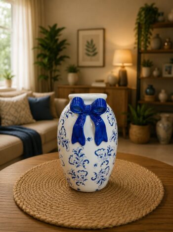 Blue Pottery Ceramic Flower Vase with Decorative Bow